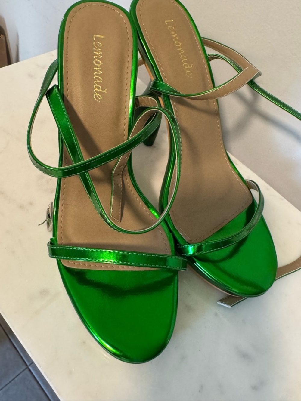 Lemon Metallic Emerald Green Strappy Heels